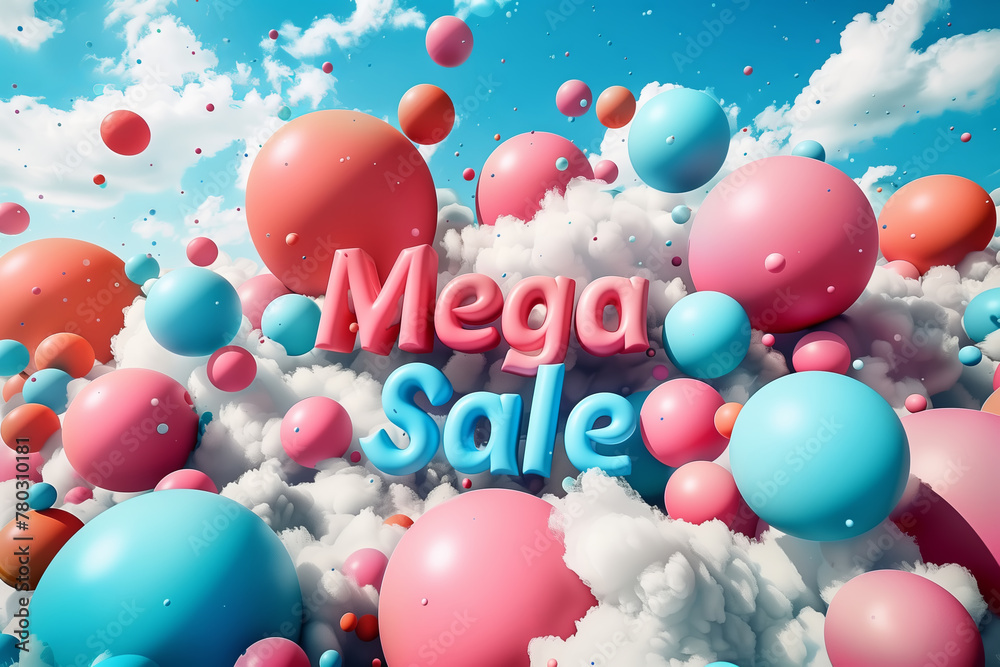 Fototapeta premium Mega Sale text on a background of clouds and balloons.