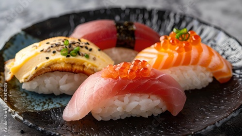Assorted Nigiri Sushi on a Black Plate. Traditional Japanese Cuisine. Fresh Seafood. Ideal for Restaurant Menu. Close-Up. AI
