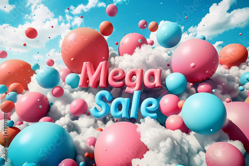 Mega Sale text on a background of clouds and balloons.