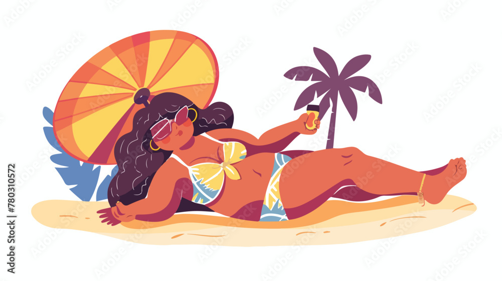Body positive girl with a fan sunbathing on the beach