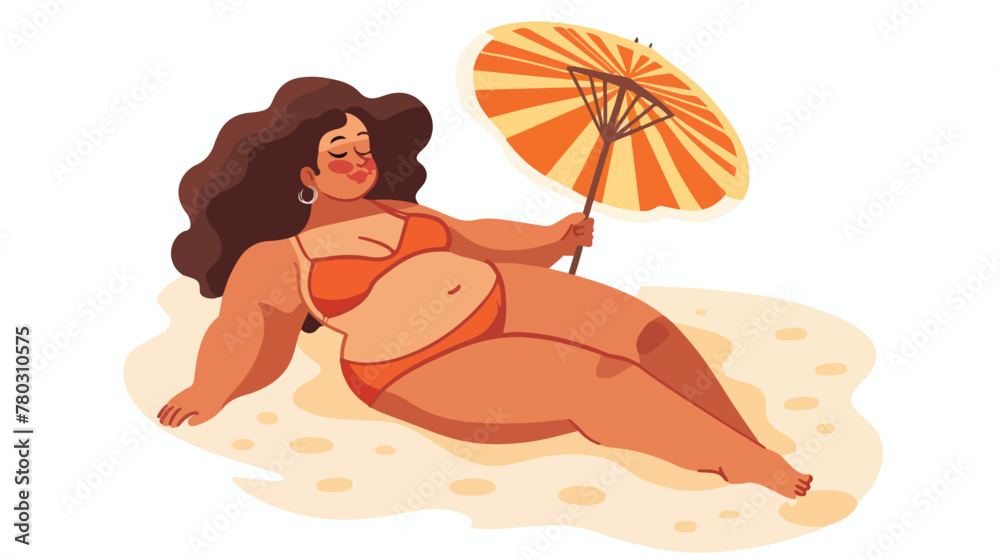 Body positive girl with a fan sunbathing on the beach