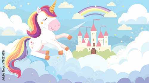 Beautiful little unicorn with castle in the clouds