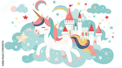 Beautiful little unicorn with castle in the clouds