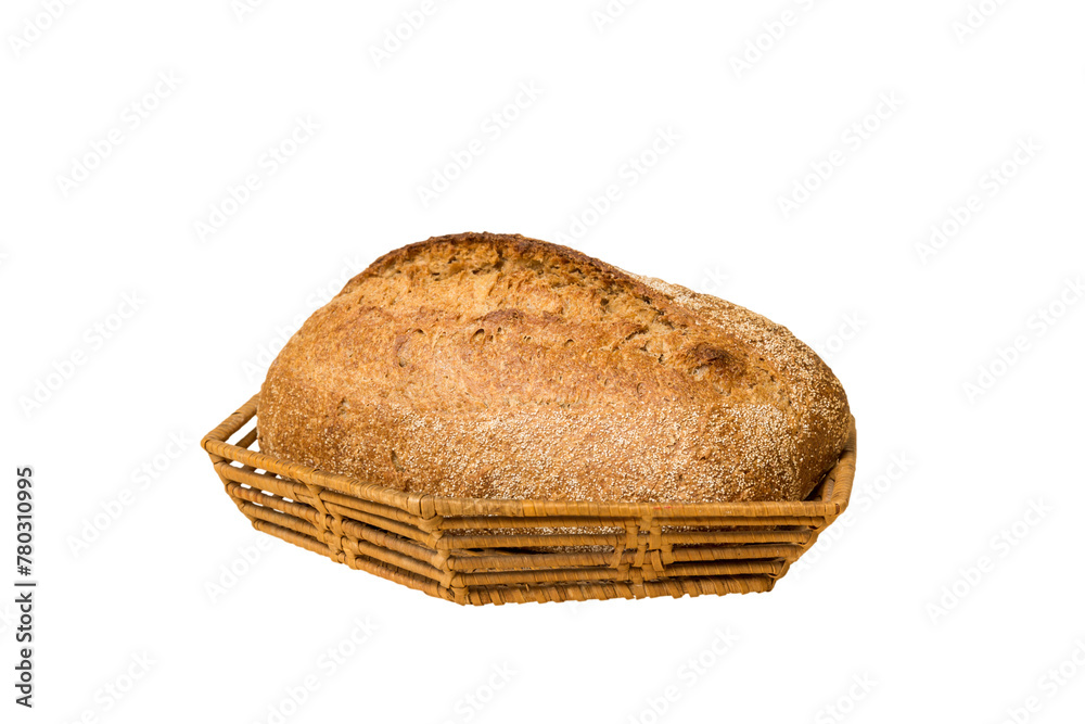 Freshly baked bread on basket isolated on white background. Perspective view bread copy space Freshly baked bread on basket isolated on white background. Perspective view bread copy space