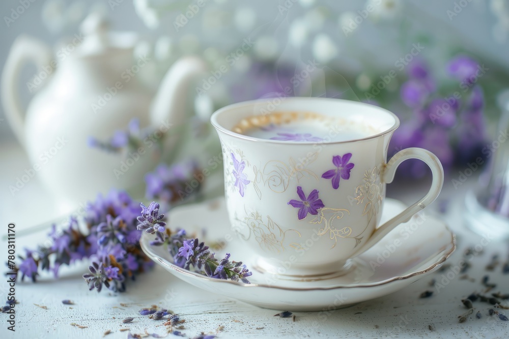 Lavender Latte Art in Floral Cup with Rustic Charm - obrazy, fototapety, plakaty 