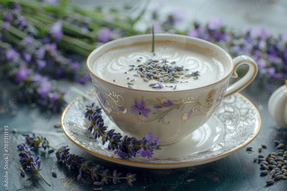 Gourmet Lavender Infused Latte in Decorative Cup Setting - obrazy, fototapety, plakaty 
