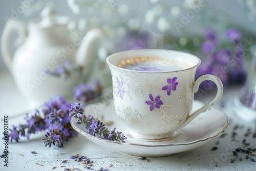 Lavender Latte Art in Floral Cup with Rustic Charm