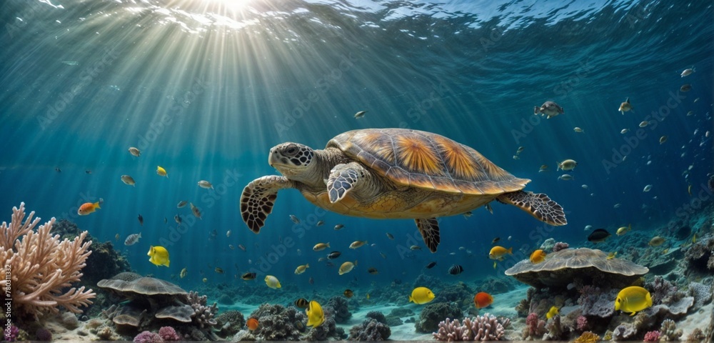 Obraz premium Turtle with group of colorful fish and sea animals with colorful coral underwater in ocean