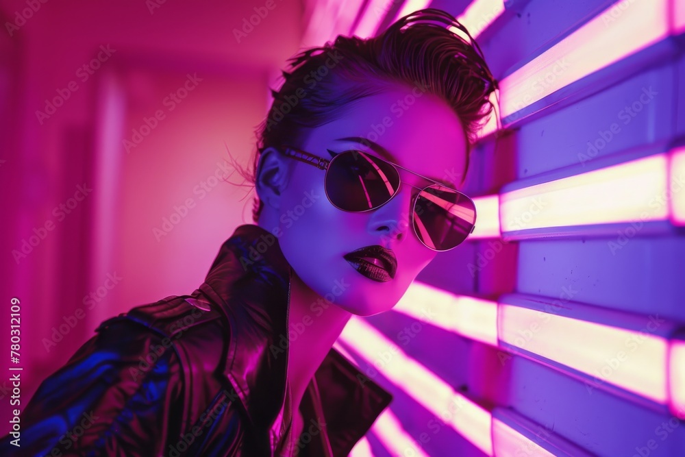 A woman in a black leather jacket and sunglasses poses for a photo with creative neon pink lighting. Fashion industry 80s style A woman in a black leather jacket and sunglasses poses for a photo with creative neon pink lighting. Fashion industry 80s style