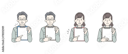 書類を使って説明する作業服のビジネスマンのアイコン風イラストセット