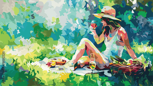 Woman in picnics Abstract oil painting Flat vector © Nobel