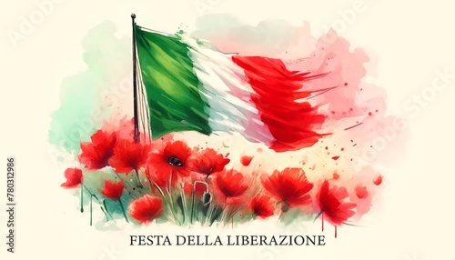 Watercolor illustration for italy liberation day with the flag of italy waving in a red poppies field. photo