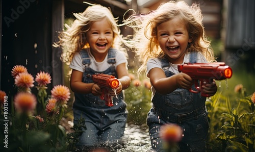 Two Little Girls Playing With a Water Gun photo