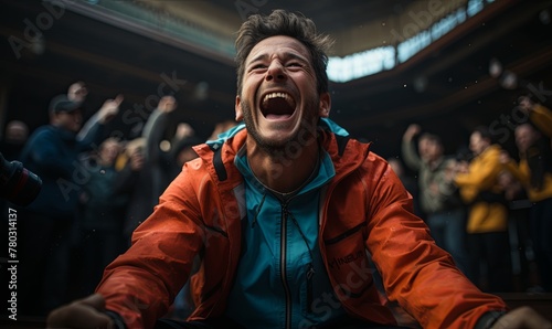 Man in Orange and Blue Jacket With Mouth Open