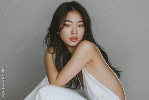 Asian female model with bare shoulders, looking at camera, natural makeup, beauty shot.