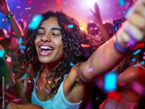 Young woman dancing and having fun at a party crowd at nightclub