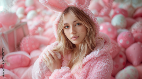 Sexy young woman in fur bunny costume on art pink background