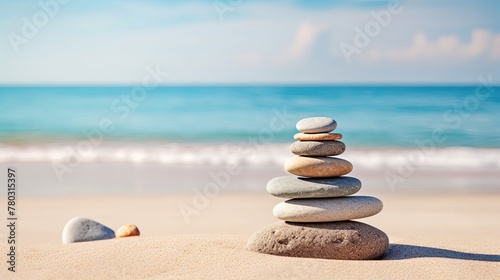 Vacation relax summer holiday travel tropical ocean sea panorama landscape - Close up of stack of round pebbles stones on the sandy sand beach, with ocean in the background © May