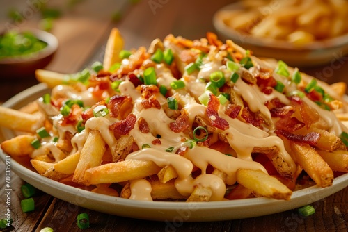 Crispy French Fries Topped with Melting Cheese and Bacon