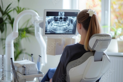 Dentist Reviewing Dental X-Ray on Monitor in Clinic photo