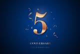 5st Anniversary celebration greeting card. Rose Gold metallic Number 5 with sparkling confetti on dark blue background. Design template for birthday or wedding party event decoration.