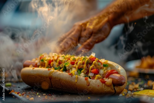 Sizzling Hot Dog with Toppings at Food Cart