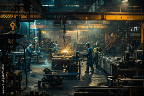 Welders at Work in a Manufacturing Plant, Overhead Industrial Scene © Ilia Nesolenyi