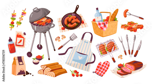 BBQ set. Barbecue picnic with grilled meat, sausages and vegetables. Grilled food for summe party. Vector illustration