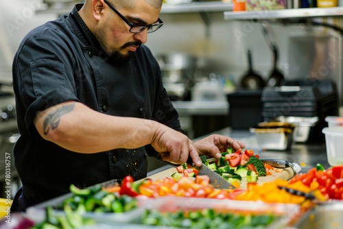 Intense Focus as Chef Cuts Vegetables, Healthy Food Preparation