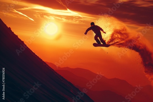 Snowboarder Performing Aerial Tricks at Sunset on Snowy Mountains