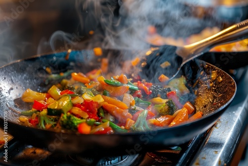 Colorful Vegetables Frying in Hot Pan, Home Cooking