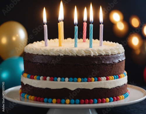 Birthday Cake with Lit Candles and Colorful Candy Decorations