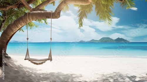 Tropical beach panorama as summer landscape with beach swing or hammock and white sand and calm sea.