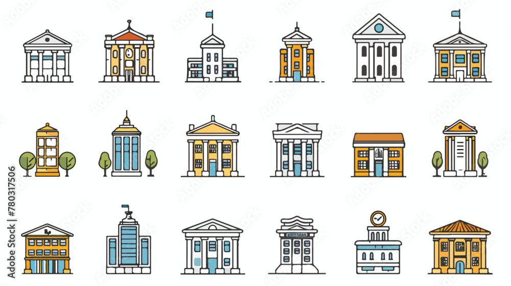 Collection of vector building line icons. Banks school