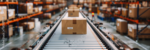 Conveyor belt in a distribution warehouse, with rows of cardboard parcel packaging intended for e-commerce delivery, symbolizing logistics automation and efficient distribution processes.