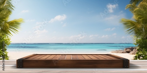 Summer Beach with sunlight sparkling on Ocean Water,Wood floor on sand, Empty Wood table for product display, Natural Seascape with blurry horizon,Summer landscape vacation on seaside