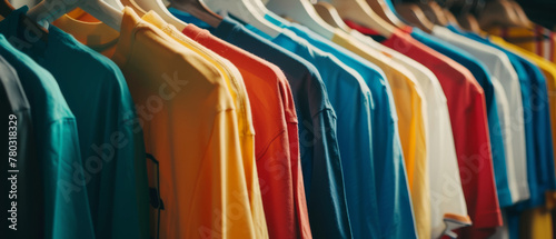 Colorful t-shirts are neatly arranged on hangers, presenting a vibrant and lively display. The array of bright colors and diverse patterns adds an element of fun and excitement to the scene. photo