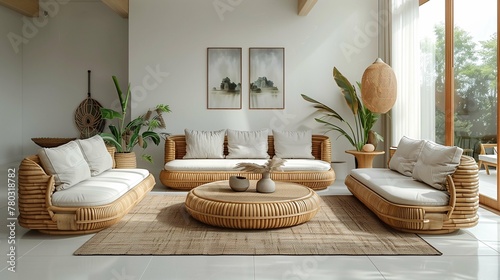 Modern Living Room with Rattan Furniture and Indoor Plants