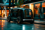 Futuristic compact size electric car parked on a street. Electric and hybrid car technology.