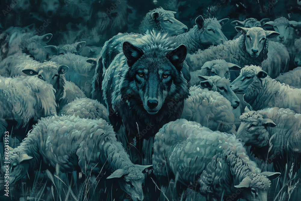 Illustration of a large wolf in sheep's clothing among a flock of sheep, pretending to be a sheep. Illustration of a large wolf in sheep's clothing among a flock of sheep, pretending to be a sheep.