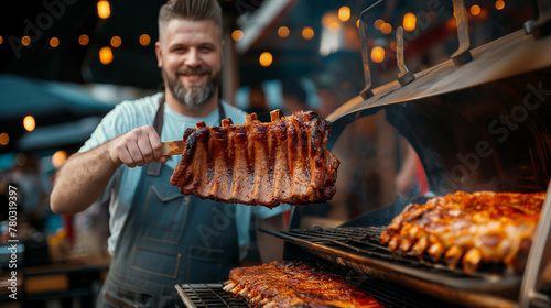 Steakhaus mit Grill und Grillmeister Person die grillt mit echtem lebendigen Bullen Stier daneben Generative AI photo