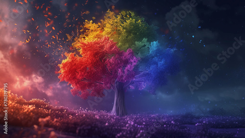 A fantastical tree with rainbow-hued leaves stands tall against a mystical night sky. AI Generative. photo