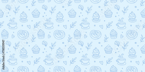 Pastry, sweet bakery seamless pattern with doodles