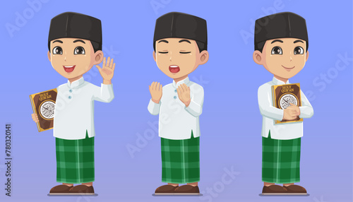 Character set Moslem boy with Sarung, Holding a holy Quran and pray pose