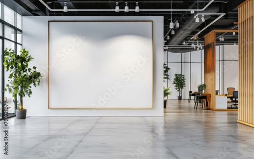 Fototapeta Naklejka Na Ścianę i Meble -  Modern coworking office interior with blank white mock up banner on wall, panoramic windows and city view, daylight, wooden flooring, furniture and decorative plant. 3D Rendering