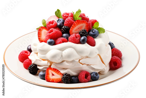White Plate With Fruit-Topped Cake. On a White or Clear Surface PNG Transparent Background.