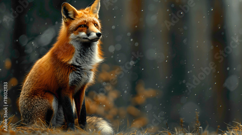 closeup of a Red fox sitting calmly, hyperrealistic animal photography, copy space for writing