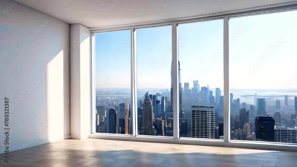Interior skyscrapers view cityscape mockup of a blank room with a white wall during the day. Skyline view from a high-rise window. A gorgeous real estate with a view.