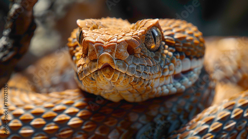 closeup of a Rattlesnake sitting calmly, hyperrealistic animal photography, copy space for writing