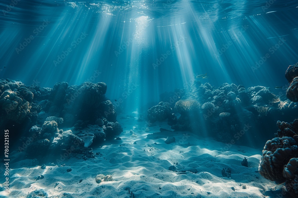 Mystical underwater scenery with coral rocks